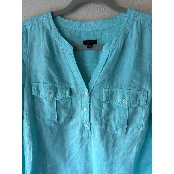 Talbots Linen Split Neck Roll-up Sleeves Linen Top in light Blue Size M - Picture 2 of 8